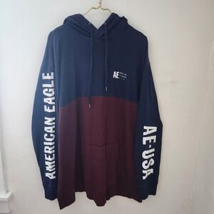 American Eagle Outfitters Mens‎ Colorblock Hoodie XXXL Navy Burgundy USA Sleeve